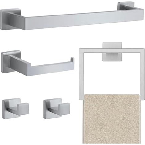 LOLLANDA Ensemble de 5 accessoires de salle de bain-Porte-serviettes, barre porte-serviettes murale, kit d'accessoires de salle de bain-argent (1/5)