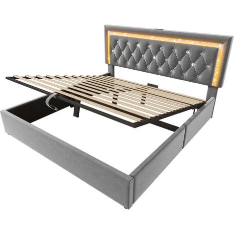 Cama con almacenaje 160x200 cm de terciopelo gris con LED, USB-C y colchón (1/5)
