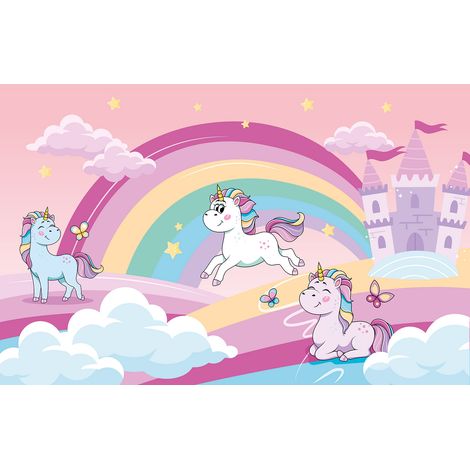 Papier peint panoramique Enfants - Licornes Château - 130 cm x 83 cm (1/2)