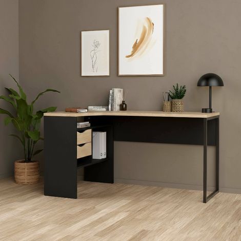 Dmora - Escritorio Moire, Escritorio multiusos, Mesa de oficina para PC, El plan de trabajo, 145x81 h77 cm, Negro y Roble (1/5)