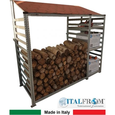 Legnaia Modulare ITALFROM� in Acciaio Zincato con Staffe a Parete - con 3 Ripiani Portaoggetti - Modulo Iniziale - cm L158(M1=60 + M2=98)xP60xH200 Tetto Verde (1/4)