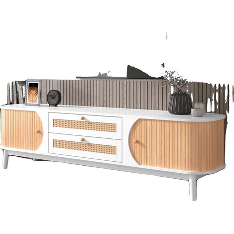 Meuble TV, Bois Massif et Rotin, Style Campagne Moderne, Blanc - MDF - 50-59 pouces (1/2)