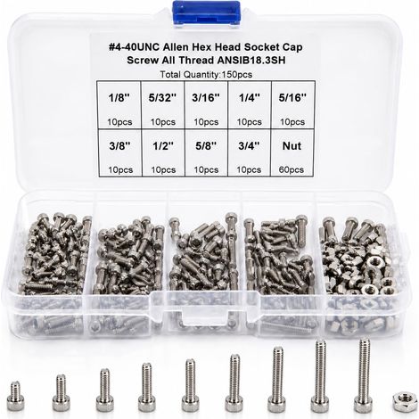 150 Pièces Set Vis Hexagonale, UNC 4-40 Vis à Six Pans Creux avec 60 Écrous, 1/8" à 3/4" Kit de Vis en Acier Inoxydable, Assortiment de Vis et Écrou avec Boîte, pour Électronique Modélisme Réparation (1/5)