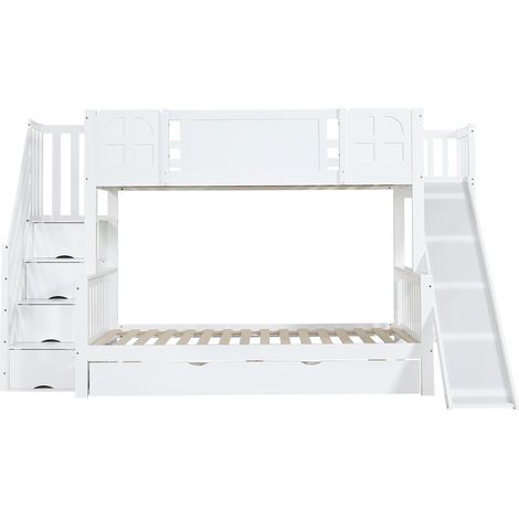 Cama litera infantil con tobogán, ventanas, almacenaje y escalera, blanco 90x200 (1/5)