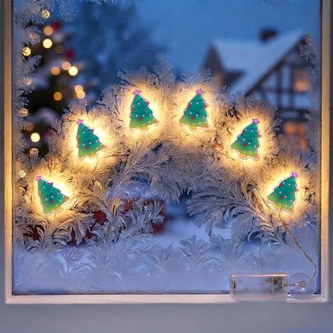 LED Tannenbaum Fensteraufkleber Lichterkette 100 cm mit Timer - 6 LED - Weihnachtslichterkette mit selbsthaftenden Figuren
