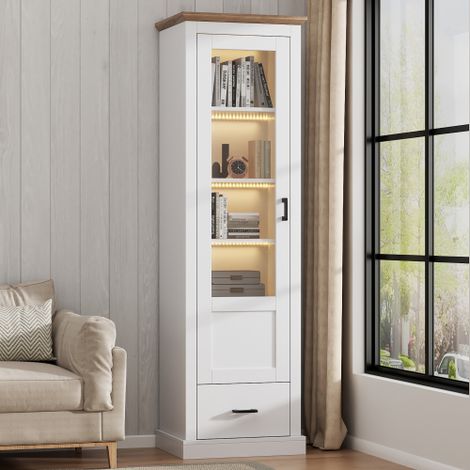 Vitrine blanche mate, vitrine 178 cm avec port USB, éclairage LED 16 couleurs télécommandé, 1 tiroir, 5 compartiments, décoration bois, MDF