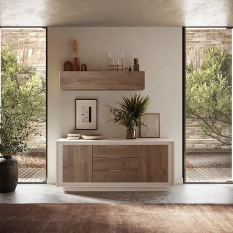 Buffet bas beige et noyer 2 portes-3 tiroirs 180cm YORI (1/5)