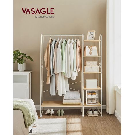 Vasagle – Porte-manteau sur pieds avec 5 étagères de rangement – 6 crochets – Dimensions 45 x 120 x 160 cm – Couleur chêne et blanc – Acier robuste