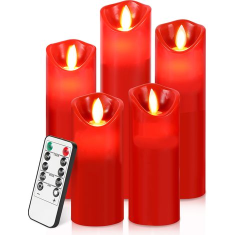 Randaco Candele LED, set di 5 candele decorative senza fiamma con telecomando a 10 tasti, effetto fiamma LED tremolante, rosso (1/5)