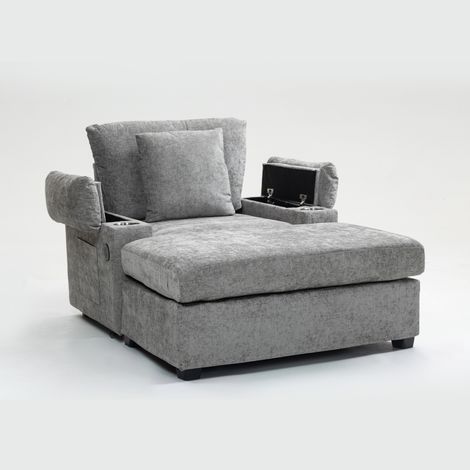 Sillón Relax Convertible con Portavasos, Almacenaje en el Reposabrazos, Chenilla Gris (1/5)