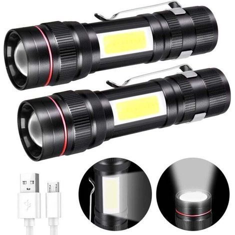 Rechargeable LED Flashlight, 800LM, 3 Modes & Zoomable Torch, Portable COB Tactical Light for Kids, Gift/Camping/Hiking/Emergency/Workshop/Power Outage (2 Pack) [Energy Rating (1/4)