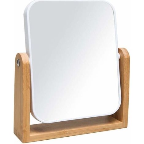 Miroir de maquillage avec support en bambou naturel, miroir grossissant pivotant à 360 degrés, rectangle blanc (1x,3x) (1/5)