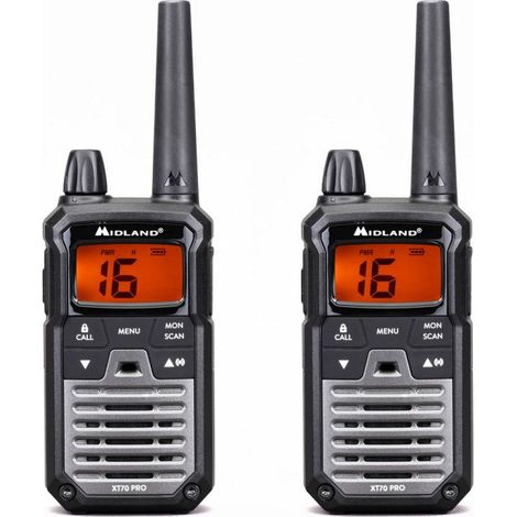 Par de walkie talkies gemelos MIDLAND XT70 Pro - Con batería, cargador y clip para cinturón - C1465