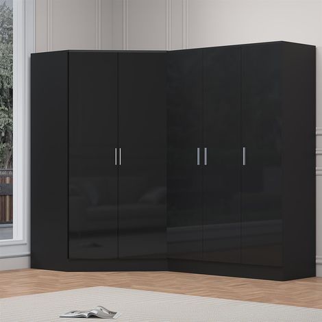 Reflect 2pc Wardrobe Bundle - 2 Door Corner + 3 Door Plain - Black Gloss & Black Oak