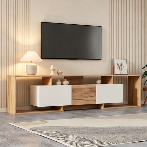 Modernluxe - Meuble TV 180x30x49 cm - Avec 2 portes abattantes, 1 porte battante et 3 compartiments de rangement ouverts - Naturel et Blanc (1/5)