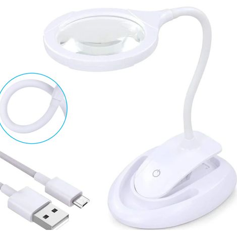 Loupe avec lumière, lampe grossissante 5X 10X avec support et pince, lampe grossissante de bureau rechargeable et à luminosité réglable pour la lecture de près Hobby Crafts Workbench Sewing (1/6)