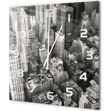Grande Horloge Murale Carrée Tendance Verre Trempé Silencieuse Déco Salon Maison Vol d'oiseau à New York 60x60 cm (1/5)