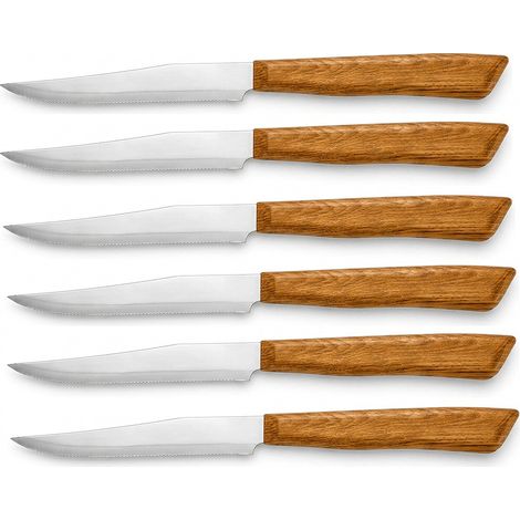 Set 6 Coltelli da Bistecca Professionali in Acciaio Inox 22 cm con Lama con punta Seghettata da 11 cm Manico in Polipropilene Effetto Legno rovere Lavabili in Lavastoviglie Made in Italy