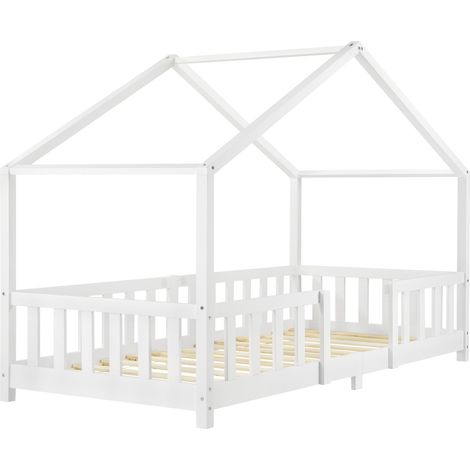 Cama infantil de diseño en forma de casita con barrera de seguridad, construcción maciza, madera de pino, contrachapado blanco, 90x200 cm 030005465