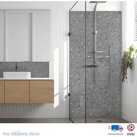 Panneau de douche : Terrazzo et couleur 3 - Couleur bleu roi - Alu composite - 90 - 245 (1/3)