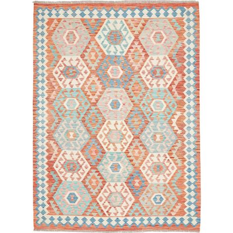Tapis kilim 177 x 242 cm, géométrique, multicolore, bleu et rouge, en laine naturelle, tissé plat, style ethnique authentique (1/5)