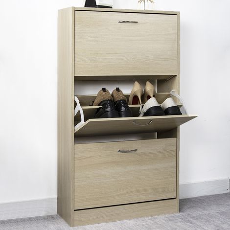 Scarpiera 3 Ante Ripiani Doppia Profondità con Maniglia Colore Olmo 63x24x115cm (1/5)