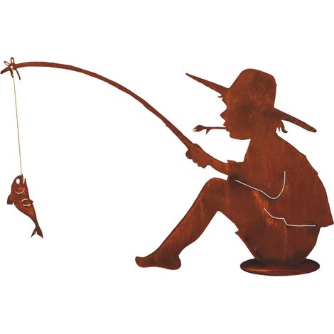 Jardinex – Sculpture petit pêcheur en métal patine rouille – Statue décorative pour jardin – Résistante aux intempéries – Aspect vintage (1/2)