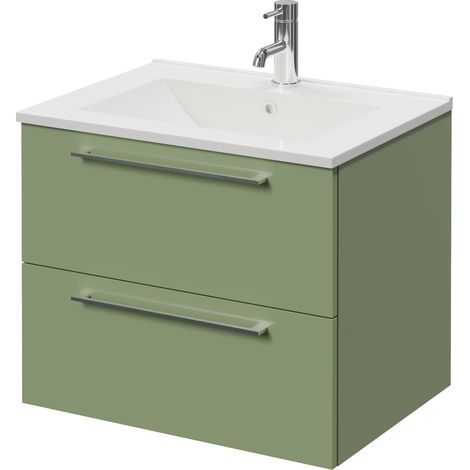 Napoli 460 Olive Green 600mm Wall Mounted 2 Drawer Vanity Unit with Angel Basin - 600mm - Chrome 320mm Handle