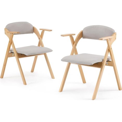Lot de 2 chaises de salle à manger pliantes, fauteuil en lin, structure en bois - Salon/Cuisine, Lin, gris (1/5)