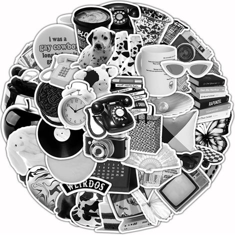 60 Autocollants, Design vintage noir et blanc, Vinyle PVC imperméable, Pour bouteille ordinateur carnet, Enfants et adultes (1/5)