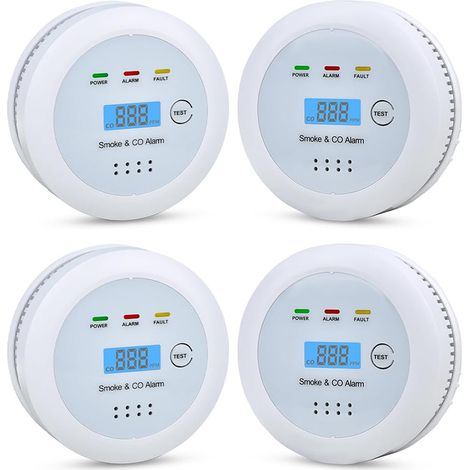 4 detectores inteligentes de humo y monóxido de carbono 2 en 1: alarma visual y audible de 85 dB, pantalla LCD con nivel de CO (pilas no incluidas) (1/5)