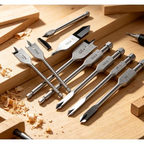 Jeu de mèches plates pour bois à trois pointes en acier à haute teneur en carbone queue hexagonale traitement de trempage outil de perçage et d’élargissement pour bois avec sac de rangement (1/5)
