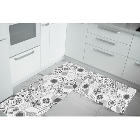 Set di 2 tappeti da cucina antiscivolo e lavabili in lavatrice passatoia multiuso Mattonella Grigia - 50x90+50x180