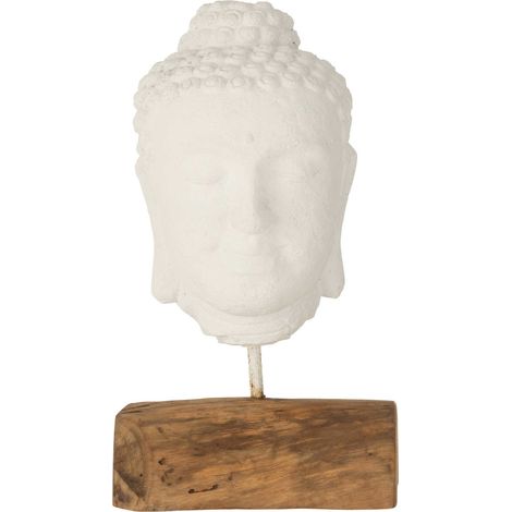 Sculpture tête bouddha en bois teck et ciment blanc naturel - Blanc et bois naturel (1/3)