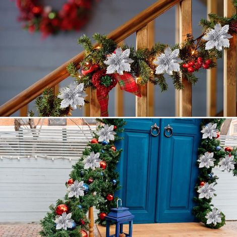 10 éléments décoratifs de Noël, fleurs pailletées, feuilles ajourées, accessoires de bricolage, argentés 11 cm (1/5)