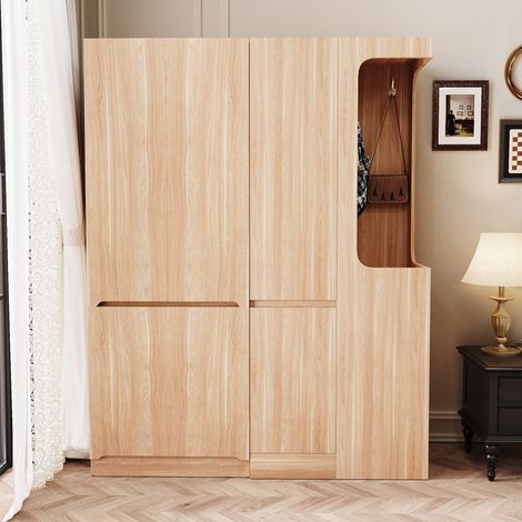 Armoire bois– grand rangement 6 portes, espace de suspension, 140x40x170 cm- 4 tiroirs à droite, naturel (1/5)