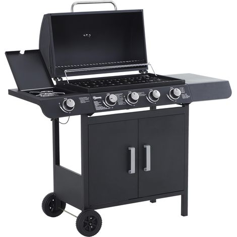 Barbecue à gaz à cinq brûleurs avec grille latérale et armoire de rangement, en acier et PP, 125x51x100 cm, noir. (1/5)