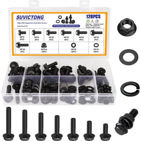 128-piece M8 black flanged hex head bolt assortment kit with toothed flange nuts,  washers and locking spring washers,  M8-1.25x12/16/20/25/30/35/40mm hex head screws (1/5)