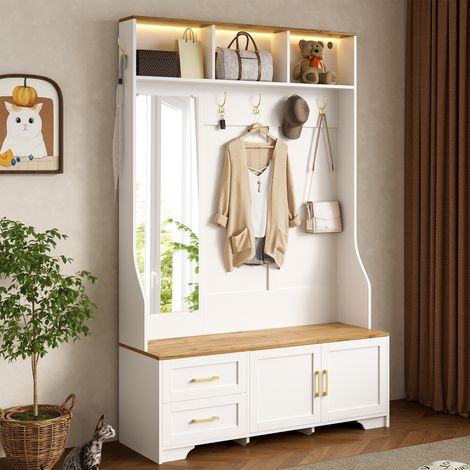 Meuble de couloir et meuble à chaussures multifonction avec éclairage LED, miroir, crochets et tiroirs – armoire d’entrée moderne pour entrée et couloir avec rangement et assise (1/5)