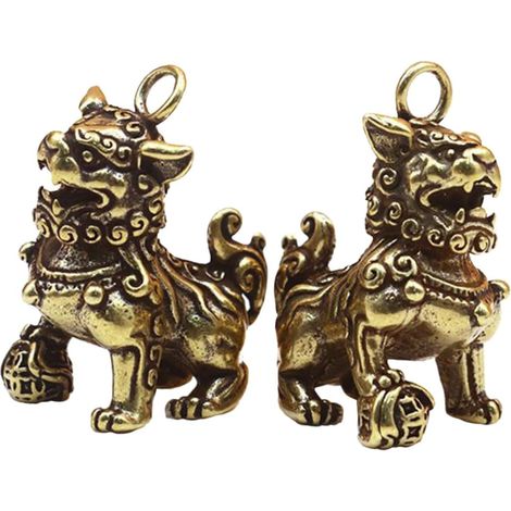 2 Stück Reine Messing Löwenfigur Mini Kirin Deko Feng Shui Glückssymbol for Schreibtisch (1/5)