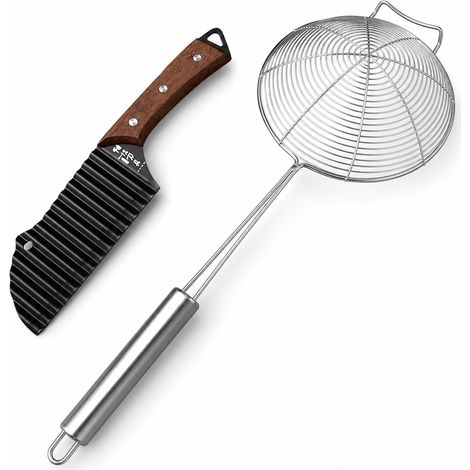 Coupe-Pommes de Terre Ondulé Noir en Acier Inoxydable avec Manche en Bois et Écumoire (1/5)