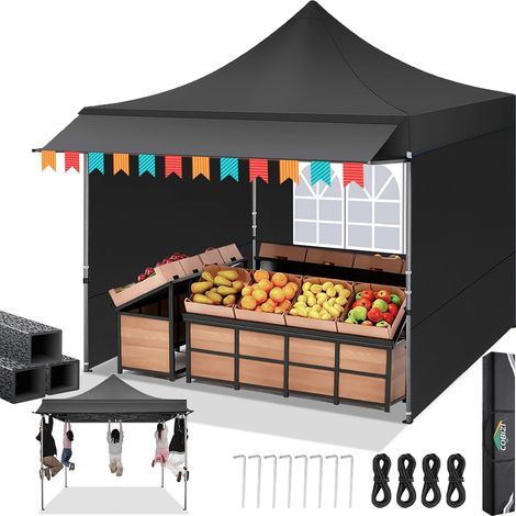 3 x 3 m Folding Garden Gazebo with Extendable Awning, Adjustable Height, UV Protection 50+, Suitable for Parties, Outdoors, Commercial, Camping (Black) (1/5)