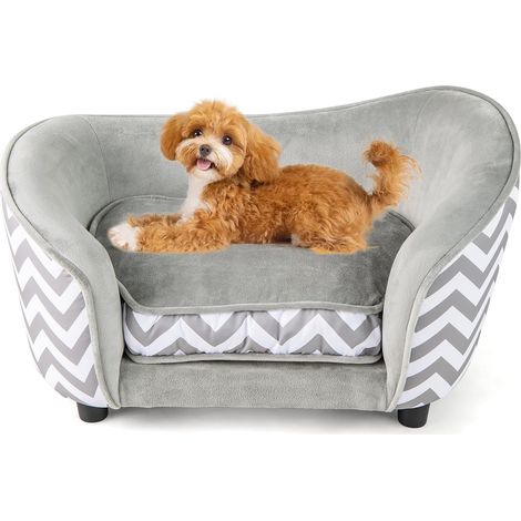 GOPLUS Panier Chien, Canapé pour Petit Animal avec Dossier et Accoudoirs Incurvés, Cadre en Bois, Lit pour Chien Matelas Moelleux, Housse Amovible et Lavable, Lit Surélevé avec Charge de 50 KG, Gris (1/5)