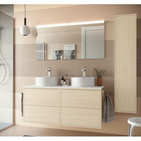 Abitare – Meuble sous vasque double 120 cm en bois nordick – Finition laquée mate antibactérienne – 4 tiroirs avec glissières amorties – Pour salle de bain moderne