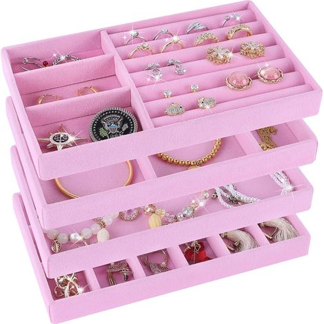 boîte à bijoux empilable rose 4 pièces avec séparateurs amovibles pour bagues, boucles d'oreilles, bracelets et colliers