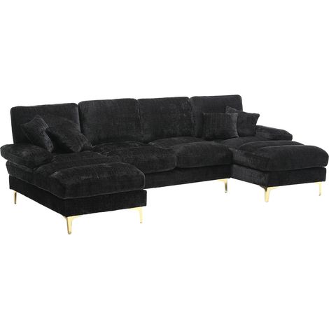 CHICFURN Sofá modular en U 272x136x88 cm en chenilla negra, doble chaise longue para salón (1/5)