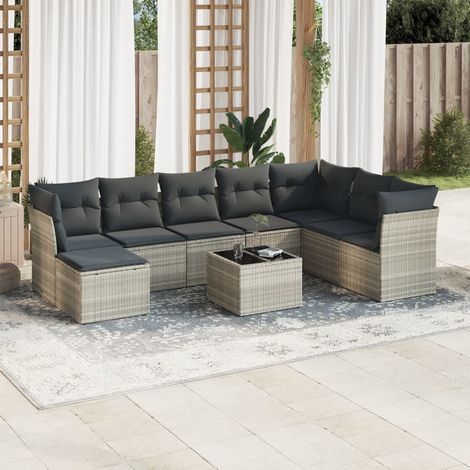 Set muebles jardín 9 pzas y cojines ratán sintético gris claro vidaXL (1/3)