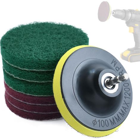Kit de nettoyage de 10,2 cm avec brosse à récurer pour carrelage, porte-disque avec 6 tampons de polissage abrasifs pour cuisine, salle de bain, joint, moquette, baignoire, gril, carrelage (1/5)