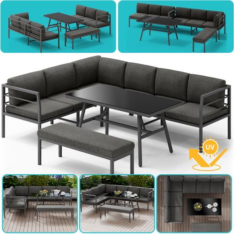 Mucola Essgruppe Aluminium Lounge Ecksofa mit Sitzbank wetterfest Grau Tisch Entspannungsoase Gartenmöbel Ecksitzgarnitur Sofa Outdoor-Möbel (1/5)