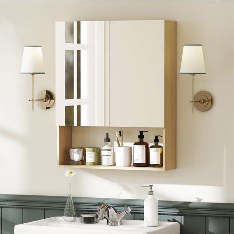 Meuble de salle de bain mural style nordique chêne avec 2 portes miroir et niche ouverte 60 x 16,6 x 75 cm (1/4)